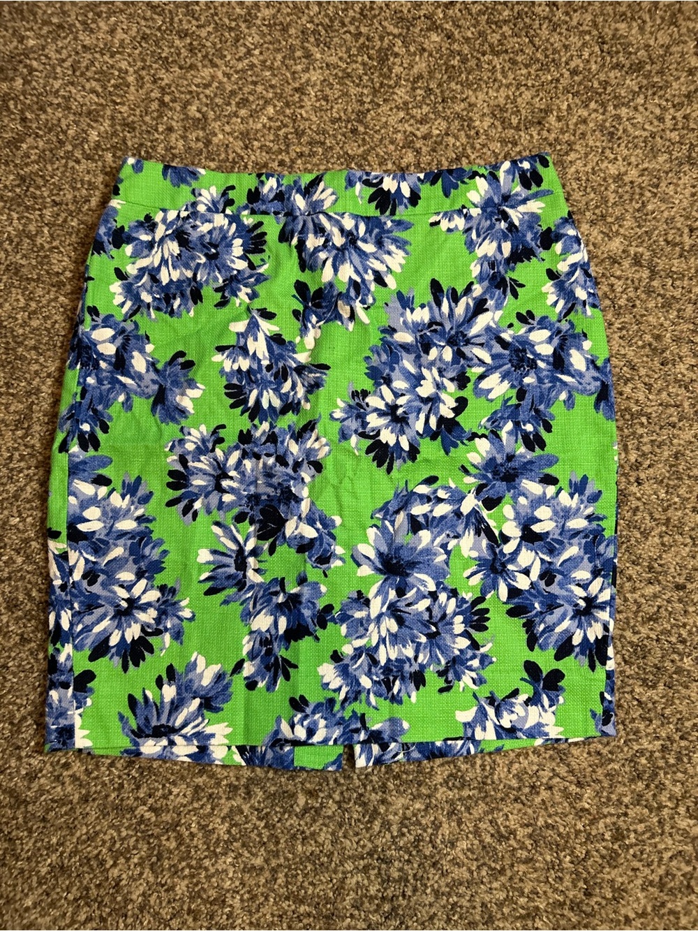 J. Crew Green Pencil Skirt with Blue Floral Print